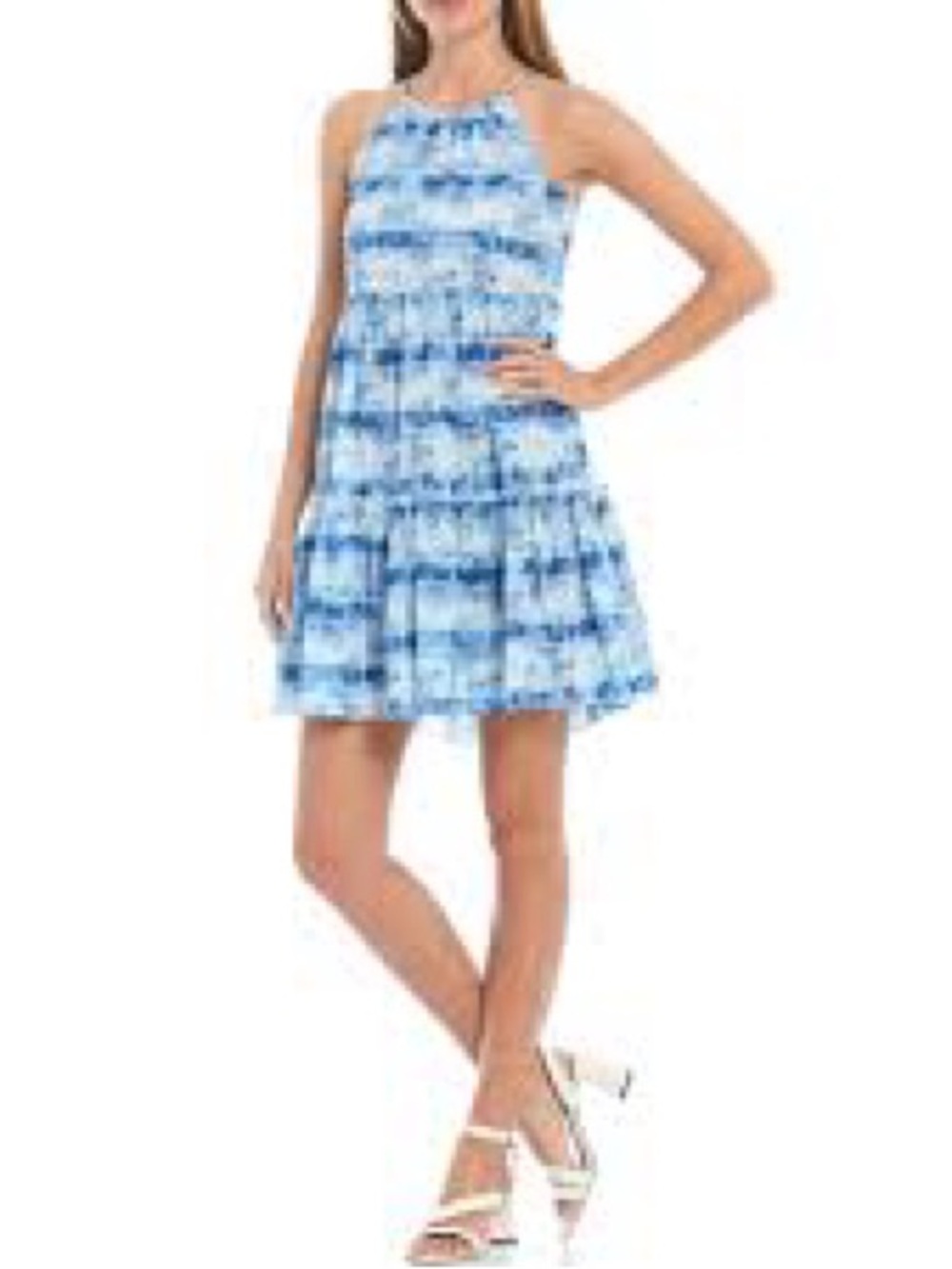 Eliza J Blue and White Tie-Dye Halter Dress